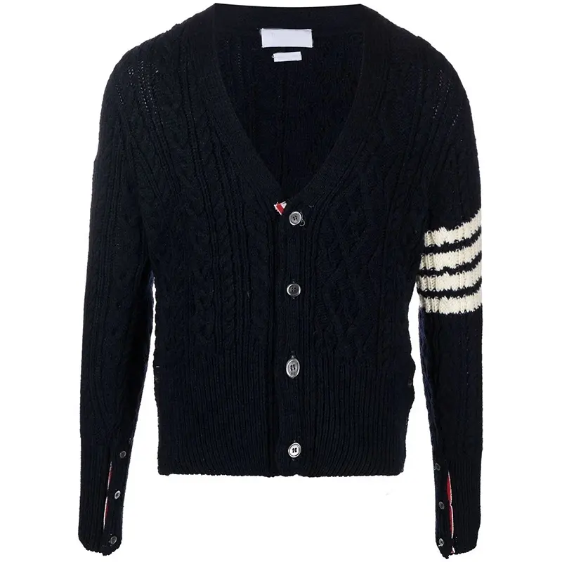 Knitwear manufacturer custom black v neck long sleeve cable knit cardigan sweater for men
