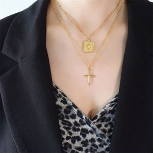 Fashion Fine Stainless Steel Layer Chain Necklace square Charm Cross Pendant Necklace - Product Image 2