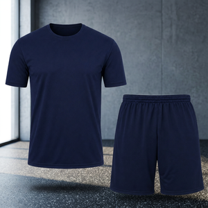 Men's Navy Blue Short Sleeve <b>T</b>-<b>Shirt</b> Shorts Set Moisture Wicking Breathable <b>Polyester</b> Regular Fit Drawstring Closure All Seasons - Product Image 2