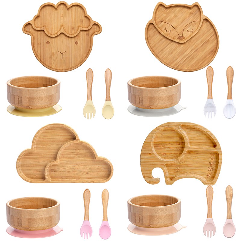 5 PCS Baby feeding training wood organic bamboo suction elephant baby plate set for babies