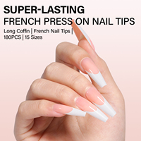 OEM Long Coffin French Full Cover Gel Nail Tips 180pcs/Box 15 Sizes Pre-designed for Finger Nails Wholesale Salon Use