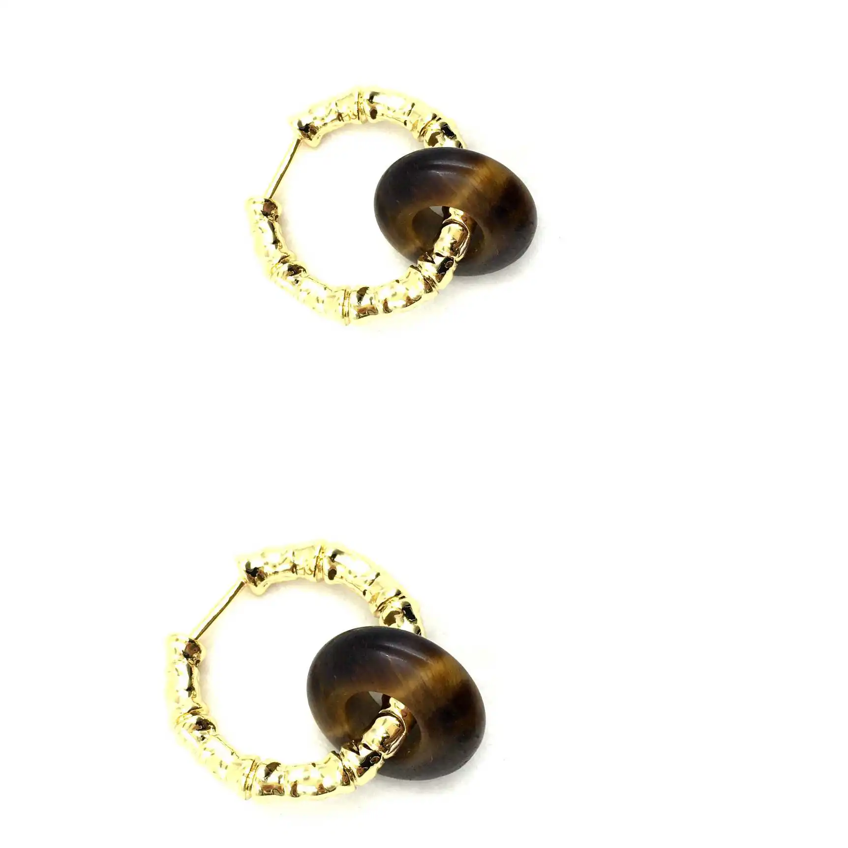 14K Gold Plated Huggie With Dangle Trendy Dangle Tiger Eye Bamboo Hoop Earrings