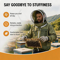 Veste d'apiculture respirante à 3 couches en maille, anti-piqûres, demi-corps, avec voile de protection amovible