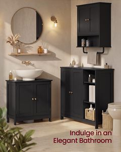 Meuble de salle de bain en bois noir SENYUB avec 2 étagères de rangement, style traditionnel, poignée en laiton - Product Image 4