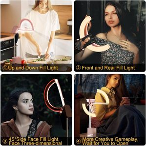 Lampu cincin merah muda 10 inci, lampu bulu mata LED dapat dilipat multifungsi pemotretan 360 ° Desktop portabel mengisi cahaya dudukan telepon fotografi - Product Image 3