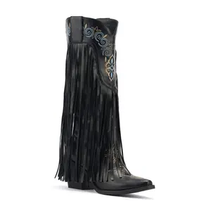 Wetkiss Custom Classic Borduren Hout Hak Cowgirl Kwastje Laars Knie Hoge Laarzen Zwart Fringe Cowboy Laarzen Voor Vrouwen