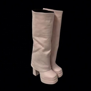 Winter Orange Red Hot Pink Leather Knee High Boots for Women Platform Square Heel Fold Over <b>Height</b> <b>Increasing</b> High Heeled <b>Shoes</b> - Product Image 3