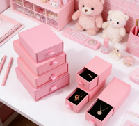 Boîte de rangement pour bijoux en cuir rose, style tiroir - Usine d'emballage de luxe certifiée FSC du Vietnam
