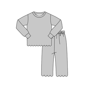 Custom Casual Flower Bows Colorful Solid Cotton Kids Long Sleeves Shirt Wide Leg Long Pants Scallop Edge Outfits <b>Sister</b> Clothes - Product Image 4