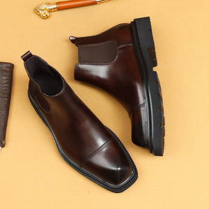 Bottes Chelsea pour hommes, trois œillets, semelle épaisse, cuir véritable, hauteur mi-mollet, style rétro britannique - Product Image 3