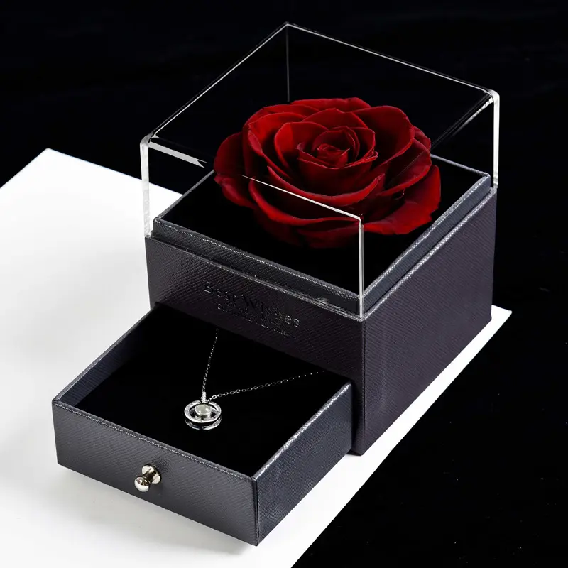 Eternal Flower Acrylic Box China Manufacturer Preserved Rose for Necklace with Preserved Flowers