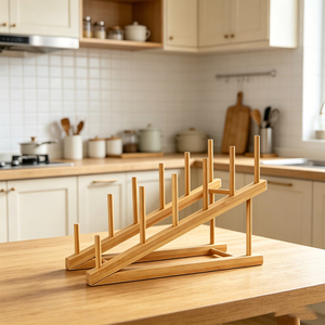 Égouttoir à vaisselle en bois écologique transformable en support de livres ou porte-tasses, idéal pour le comptoir de <span class=keywords><strong>cuisine</strong></span> et les petits appartements - Product Image 1