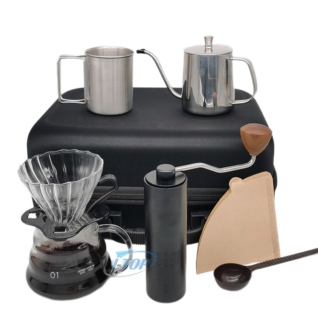 In Stock Outdoor Coffee Maker Set Drip Head Grinder with Stainless Steel and Kettle Glass Timer Scale Travel Bag Suitable for Gi