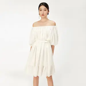 Summer Elegant Loose Off The Shoulder White Beach Belted Dress For Women