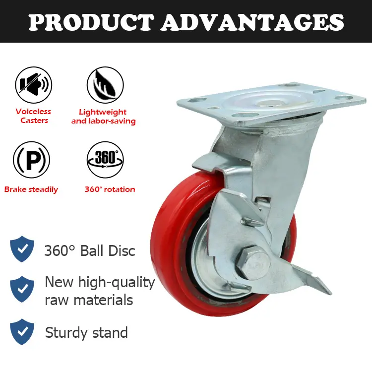 पॉलीयुरेथेन स्विवेल प्लेट लॉकिंग कैस्टर व्हील 5 इंच हेवी ड्यूटी कास्ट आयरन कोर पु कैस्टर व्हील 300 किग्रा