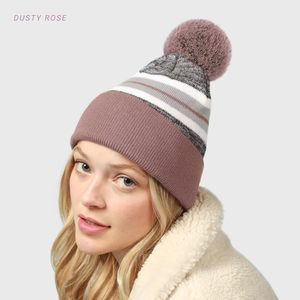 Stripe Beanie Hat With Pom Pom Winter Knit Cap For Men And Women Outdoor Ski Cap Keep Warm Blue Gray <b>White</b> <b>Acrylic</b> - Product Image 4