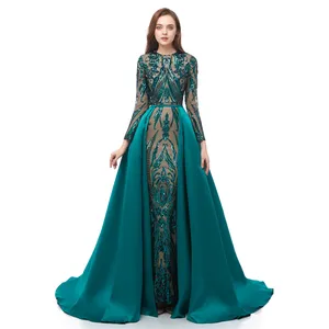 Blue/Red/Rose Gold/Green Custom Made Size High Neck Long Sleeve Prom Dresses 2019 Muslim Sequins Party Dress Detachable Skirt