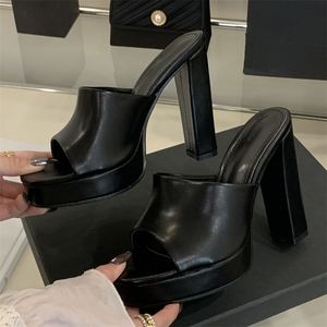 Sandales d'été 2025 pour femmes à talons hauts en cuir véritable, style mules à bout ouvert, rehaussantes, noires, à talon épais et confortables - Product Image 5