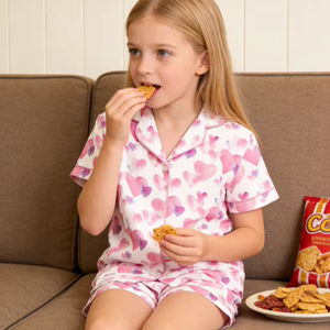 Set Pigiama Corto in Raso per Bambine con Stampa 'Lots of Kisses', Adorabile Completo Estivo - Product Image 1