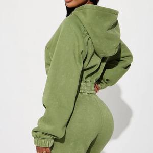 Abbigliamento da donna cappotto corto Casual e pantaloni svasati Set Top con cappuccio a manica lunga con cerniera a tinta unita per la primavera - Product Image 2