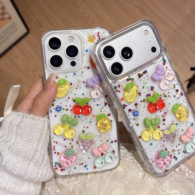 3D Fruit Party Clear Glitter Epoxy TPU+PC Cute Kawaii Strawberry Pineapple Bow Decor Large View Window Shockproof Phone Cover