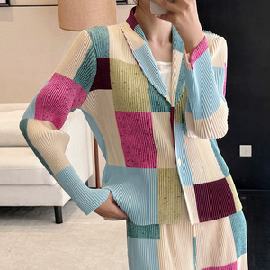 Women's 2 Piece Pleated Cardigan and Wide Leg Pants <b>Set</b> Color Block Casual Streetwear Outfit 100% Polyester Wholesale Clothing - Product Image 3