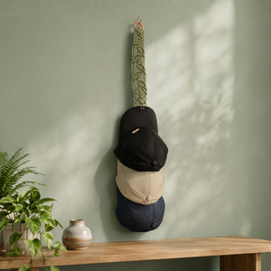 Porte-chapeaux mural en macramé, corde de coton, style bohème, avec crochets, organisateur de rangement multifonctionnel pliable pour portes et murs - Product Image 3