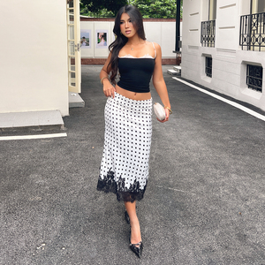 Women's Polka Dot <b>elastic</b> Satin Midi Skirt, Black <b>Lace</b> Trim Scalloped Hem High Waist Pencil Skirt - Product Image 5