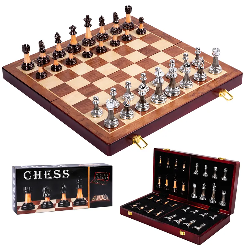 Prêt à expédier pièce d'échecs en marbre de luxe échiquier jeu de Table de voyage échiquier en bois jeu d'échecs en métal luxe