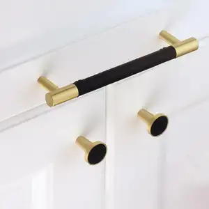 Hiện Đại Brass Vàng Tbar Nội Knobs Và Kéo Đen Da Dresser Drawer Tủ Kéo Kéo Đồ Nội Thất Xử Lý