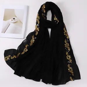 Fashion Heavy Chiffon Sequins Hijab Shinny Good Stitching Plain Scarf Muslim Shawl Supplier