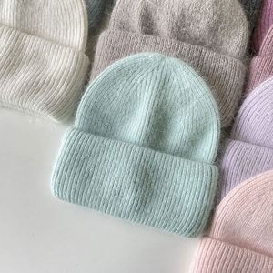 Wholesale Solid Color Angora Rabbit Fur <b>Winter</b> Cap Custom Logo Women Men Fisherman Classic Cuffed Ski Style Knitted Beanies Hat - Product Image 3