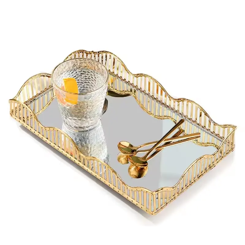 Bandeja de armazenamento de metal banhado a ouro para decoração de casa, restaurante, casamento, sala de estar, retangular, com espelho nórdico, placa de vidro redonda