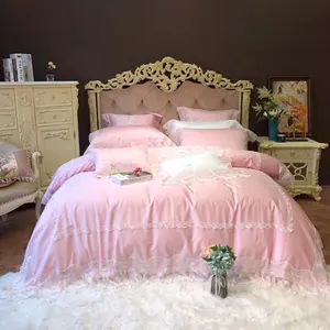 Wholesale bed linen king size white-Amazon top seller luxury embroidered bed sheet king size 100% cotton lace bedding set pink yellow white