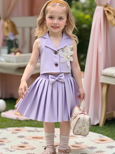 幼児女児服セット ノースリーブ3Dフラワーベストスーツコート+プリーツスカート2点セット - Product Image 5