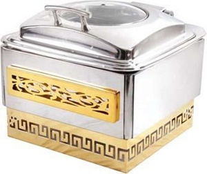 Plat à chafing rectangulaire en acier inoxydable doré avec motif décoratif pour présentations de buffet - Product Image 1