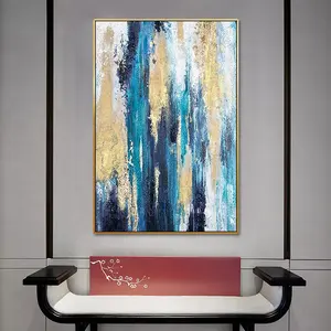 Paleta de cuchillos de oro y azul nórdico, arte moderno abstracto pintado a mano, pinturas acrílicas de fácil textura, cuadros de lona, 100%