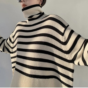 Pull à col roulé rayé pour femme, coupe ample, manches longues, tricot, style hiver - Product Image 2