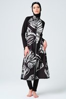 MOTIVE FORCE Nouveau Burkini de bain pour femme, longueur au-dessus du genou, imprimé feuilles, couvrant intégralement, avec fermeture éclair et taille à cordon de serrage
