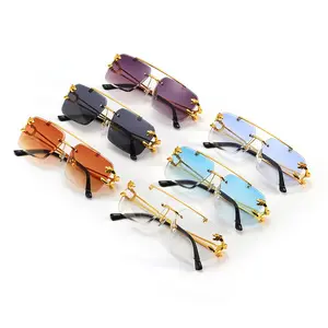 Lunettes de soleil rectangulaires sans monture American Gradient Lens Classic Golden Leopard Head Alloy Metal Animal Sunglasses Fashion