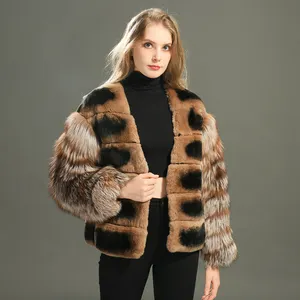 Fashion Luxury Winter Wholesaler Chinchilla Rex Rabbit Fur Coat Real Fox Fur Sleeves Warm Soft Custom Womens Fur Coats Brown