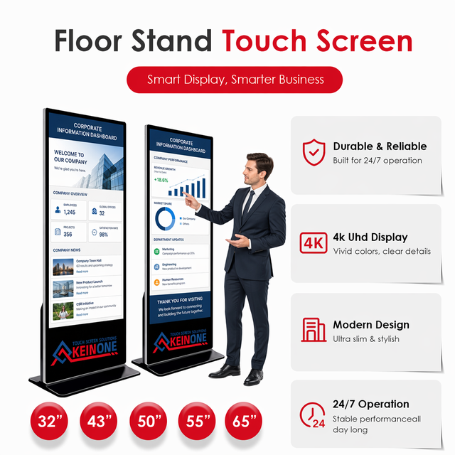 55 Inch 4K UHD Floor Stand Touch Screen Kiosk  Industrial Panel Advertising Player for Office Meeting Room and Bank Hall Use