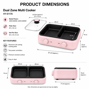 Plancha Eléctrica Rosa de Doble Zona con Placa Desmontable y Control de Temperatura para Uso Doméstico - Product Image 2