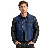 Chaqueta Trucker de Mezclilla Lavada para Hombre con Empalmes de Piel de Cabra, Cuello Solapa Personalizado, Prenda Exterior de Cuero Genuino para Fabricantes OEM y Venta al por Mayor