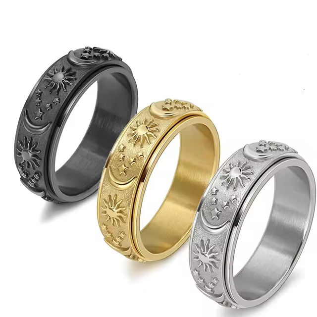 Anxiety Relief Ring Fidget Spinner Rotatable Star Moon Sun Stainless Steel Unisex Anniversary Gift