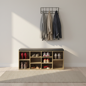 Scarpiera verticale moderna e compatta DU'S con seduta a divano e ampio spazio contenitore per scarpe e stivali - Product Image 1