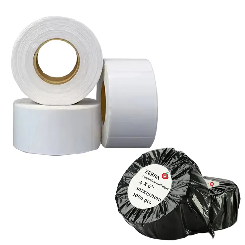 Zebra Kupferplatte Papier selbstklebende Etiketten 4 × 6 '' 1000 Stück Karbonband Barcode Bekleidung Hangtag weißer wasserdichter Aufkleber individuell