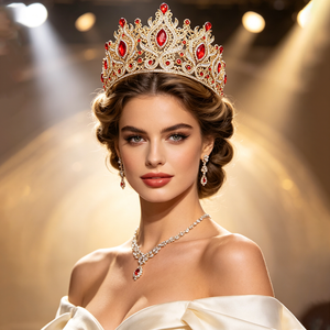 Diadème Rouge Rubis, Tiara Dorée, Coiffe Festive pour les Fêtes, Magnifique Couronne de Noël et de Mariage, Coiffe de Spectacle de Luxe et de Caractère - Product Image 1