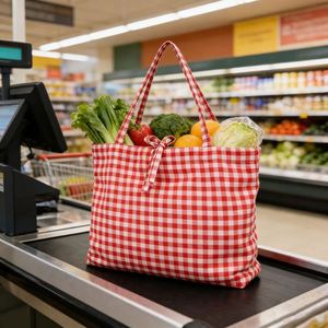 Sac fourre-tout en toile à bandoulière avec motif quadrillé, sac de shopping personnalisable avec logo, sac publicitaire réutilisable - Product Image 1