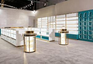 <span class=keywords><strong>Kiosque</strong></span> <span class=keywords><strong>de</strong></span> présentation <span class=keywords><strong>de</strong></span> style luxueux, cadre turquoise et or, verre, comptoir <span class=keywords><strong>de</strong></span> vente <span class=keywords><strong>de</strong></span> parfums LED personnalisé pour le design intérieur des magasins <span class=keywords><strong>de</strong></span> parfums en centre commercial - Product Image 5